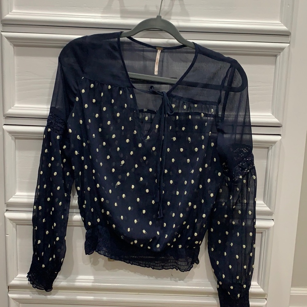 Navy blue and white polkadotted free people Blouse